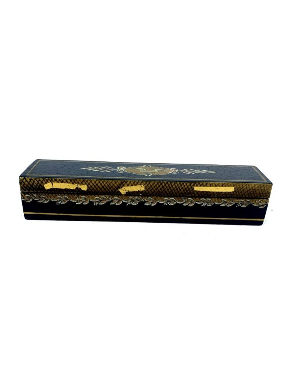 Wood Long Trinket Box Gold Paint Birds Handpainted 11" Long